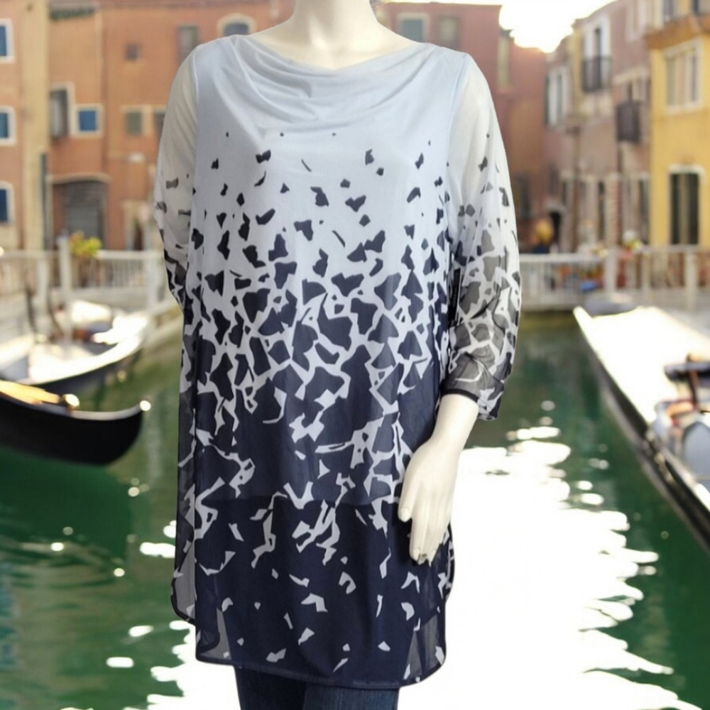 🆕️ ALFANI Blue Geometric 3/4 Sleeve Cowl Neck Tunic Size - XL NWOT